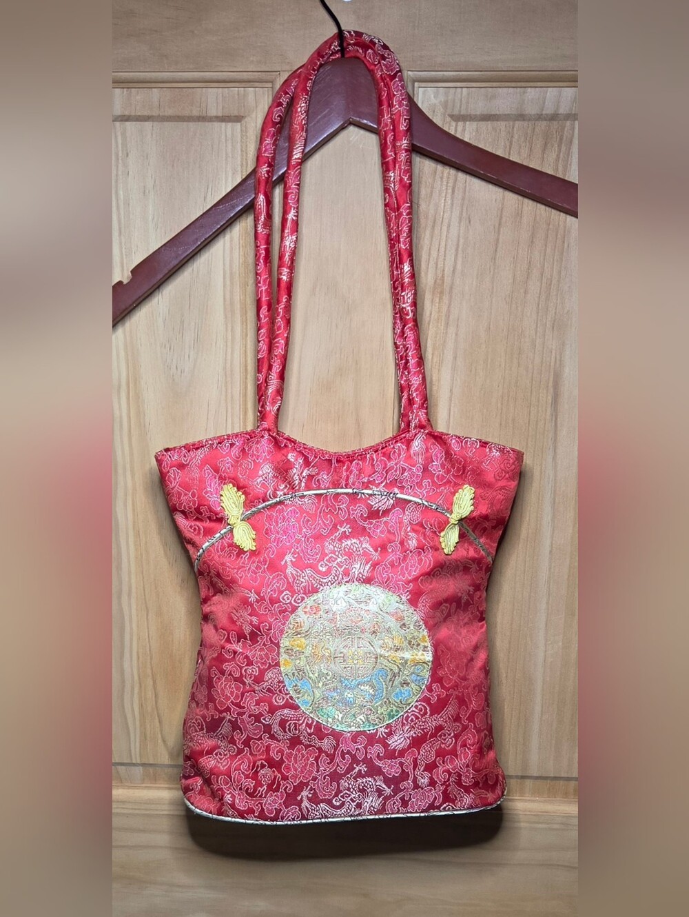Vintage Red Silk Brocade Tote Bag with Dragon Design With Circular Medallion